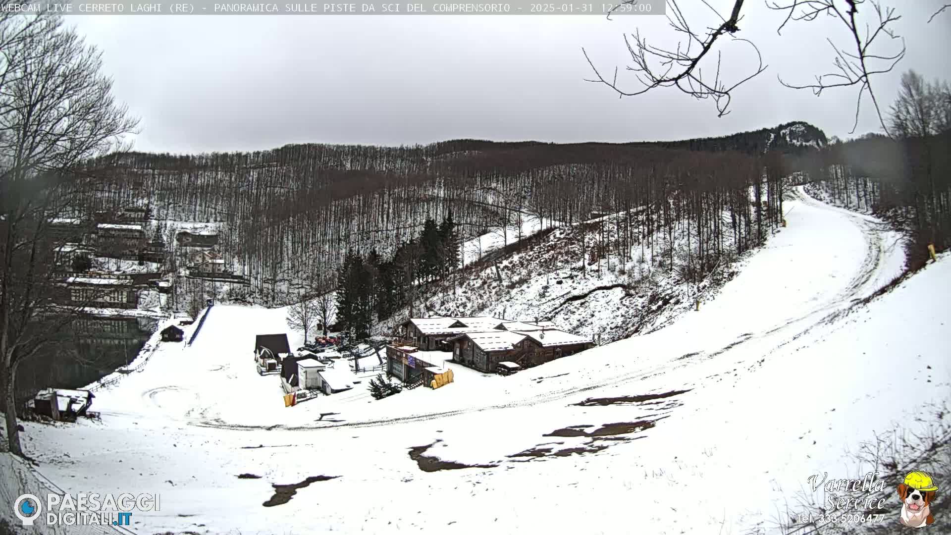 A snow-covered ski resort with several buildings nestled among sparsely wooded hills under an overcast sky.