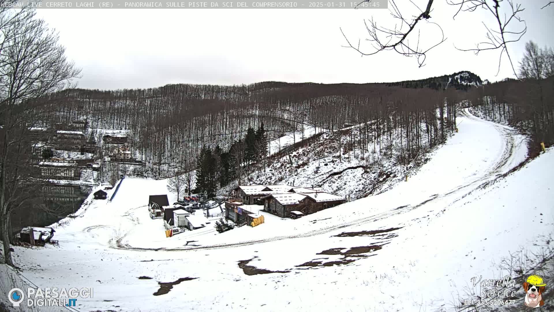 A snow-covered ski resort with several buildings nestled among bare trees on a partly cloudy day.