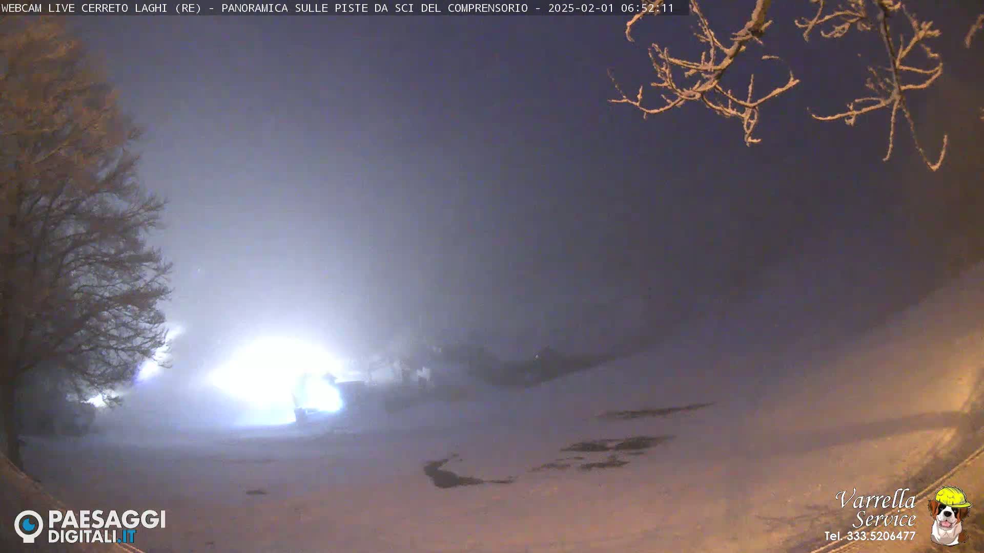 A snow-covered landscape is dimly lit at night under a hazy sky, with a bright light source visible in the distance and bare, snow-covered tree branches in the upper right corner.