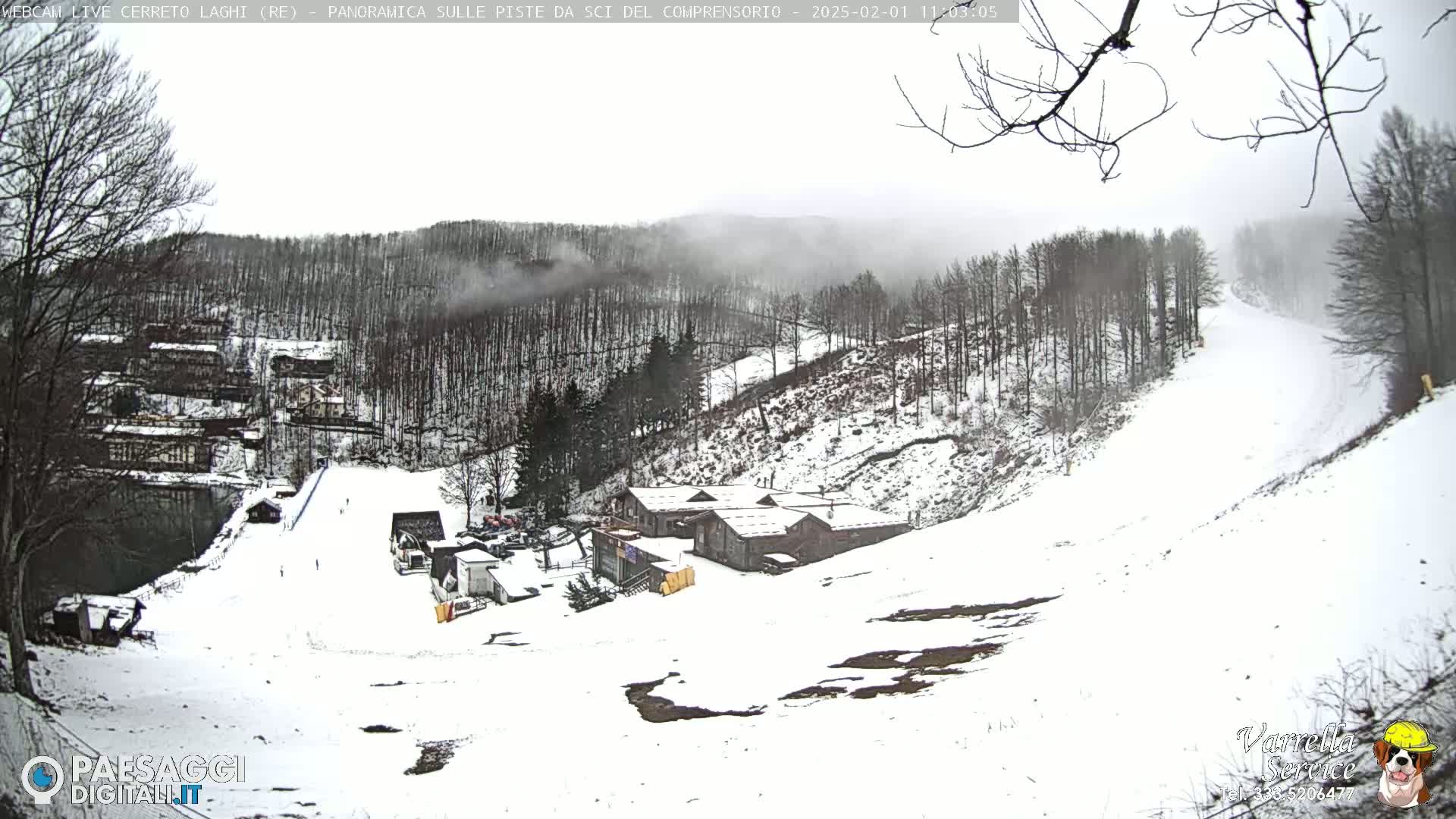A snowy, overcast landscape showing a ski slope with a few buildings and bare trees.
