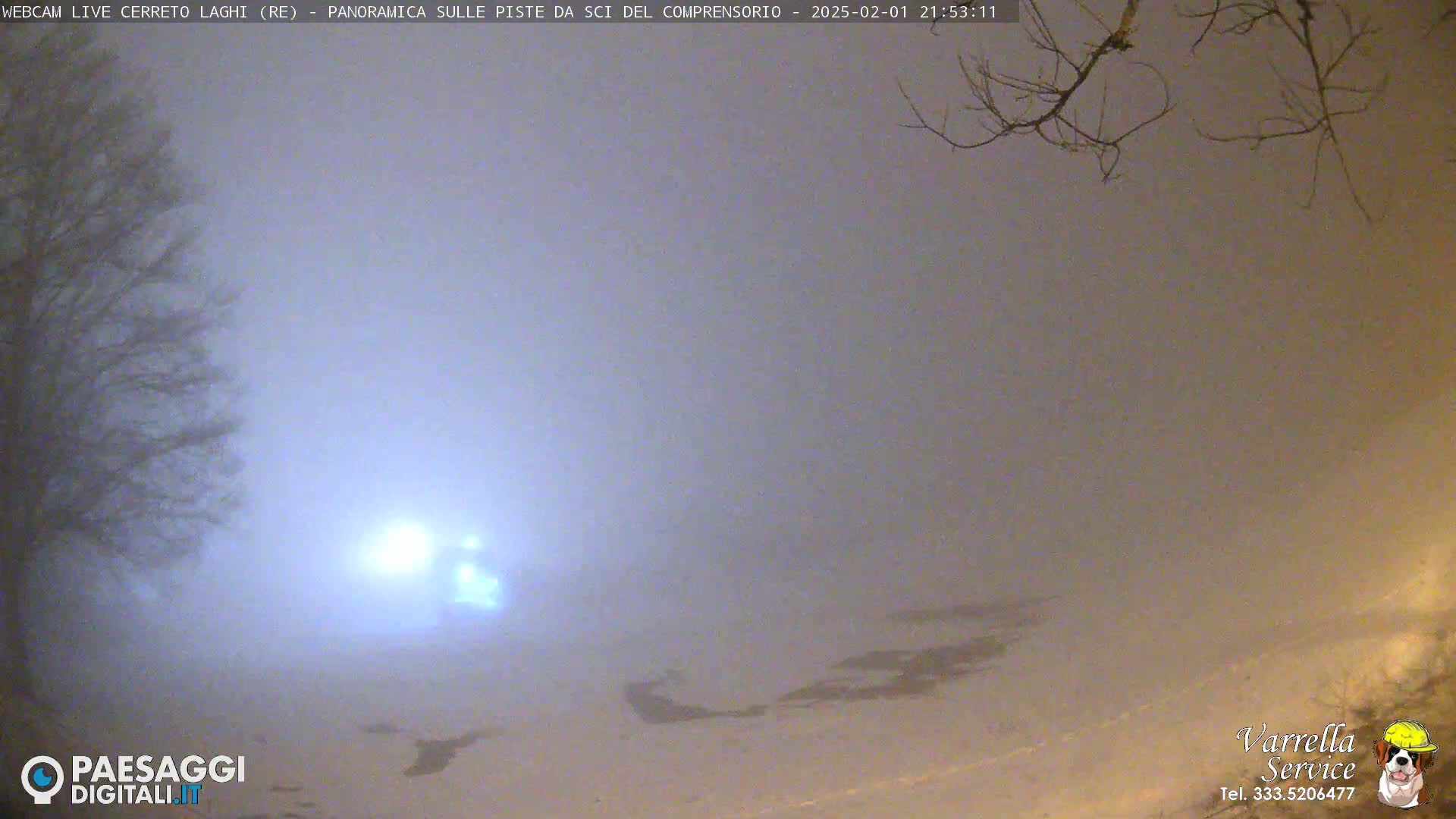 A snow-covered landscape is visible through a thick fog at night, illuminated by a distant light source.
