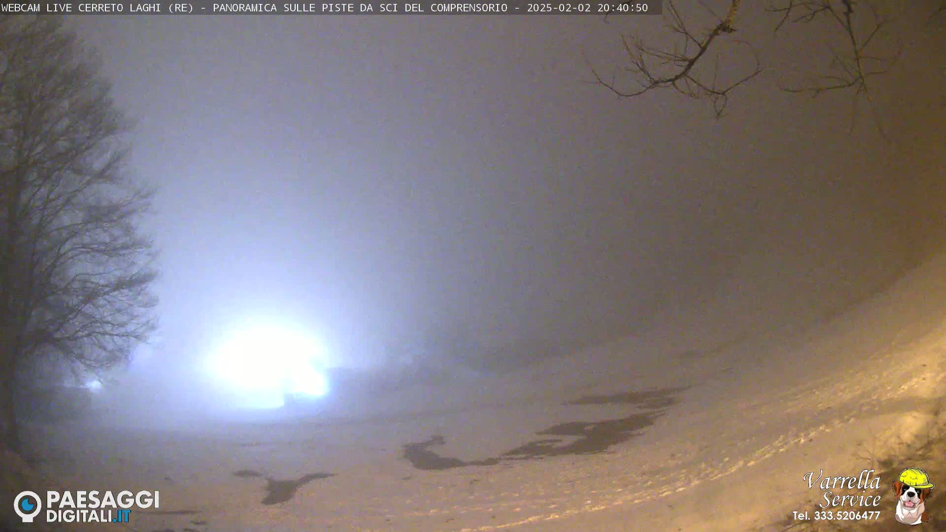 A snow-covered landscape is shrouded in fog at night, illuminated by a bright light source in the distance.