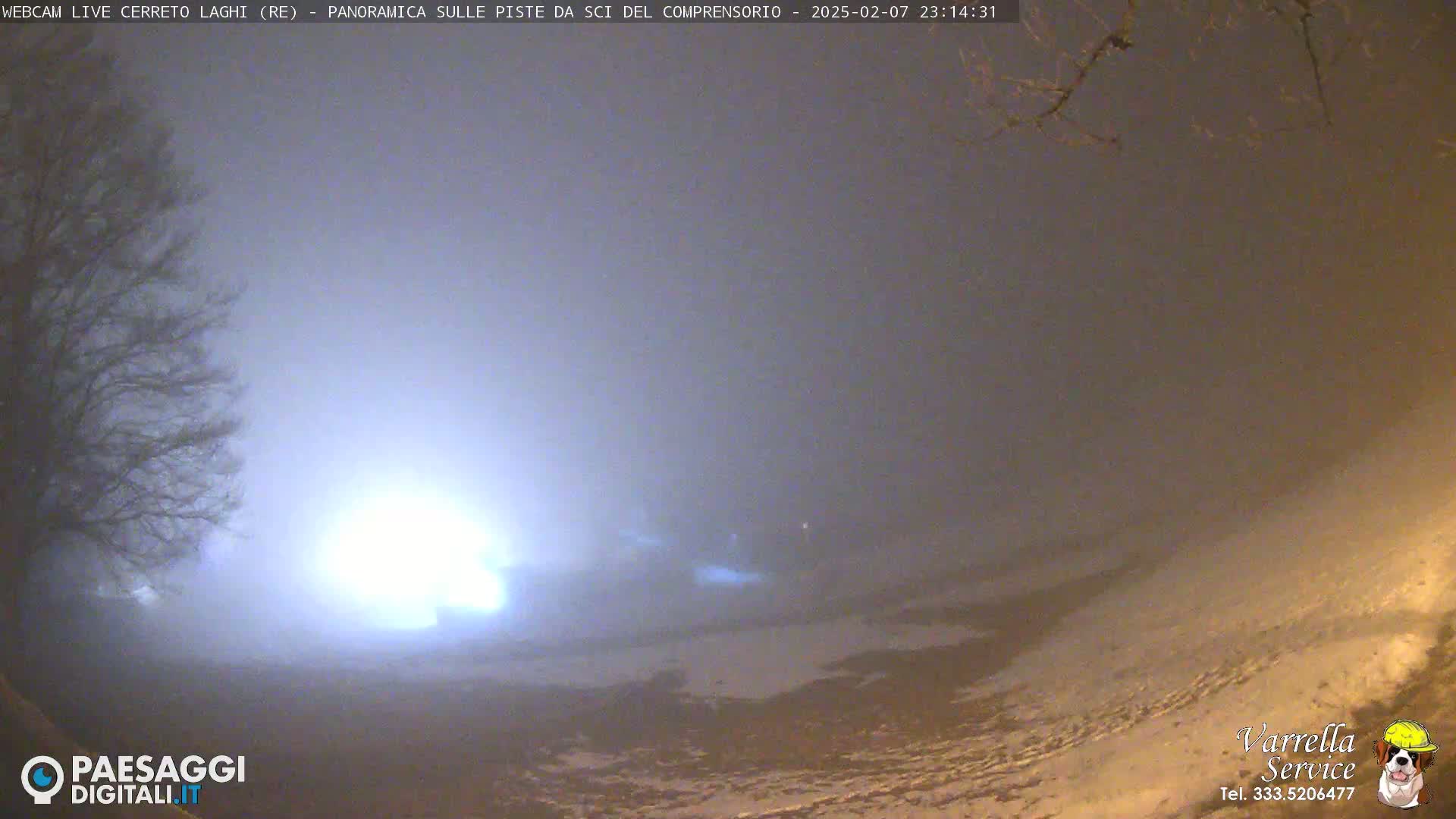 A snow-covered landscape is visible through a dense fog at night, illuminated by a bright light source in the distance.