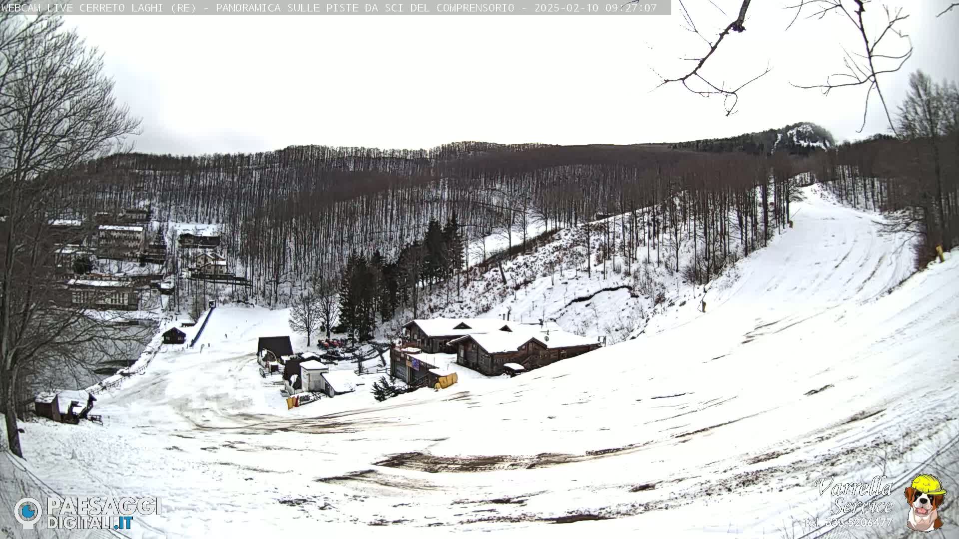 A snow-covered ski slope and resort are nestled among a wooded hillside under an overcast sky.