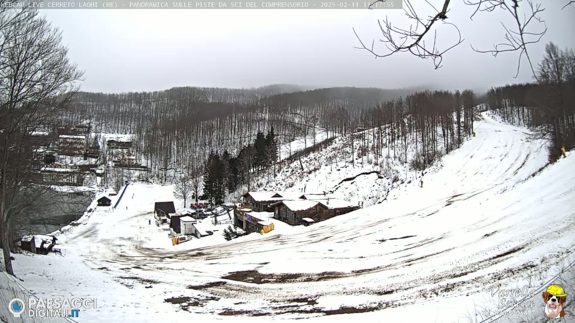 A snow-covered ski slope with a cluster of buildings at its base, under an overcast sky.