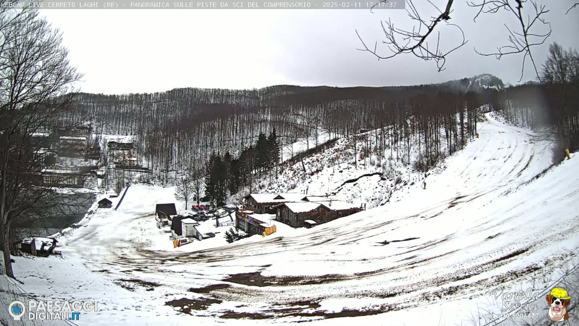 A snow-covered ski slope descends from a cluster of buildings nestled among bare, snow-dusted trees under an overcast sky.