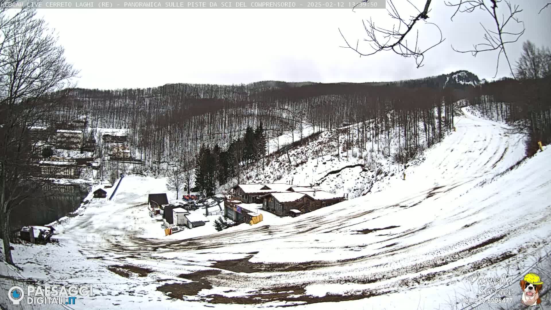 A snow-covered ski slope winds down a hillside through a sparsely wooded area under an overcast sky.