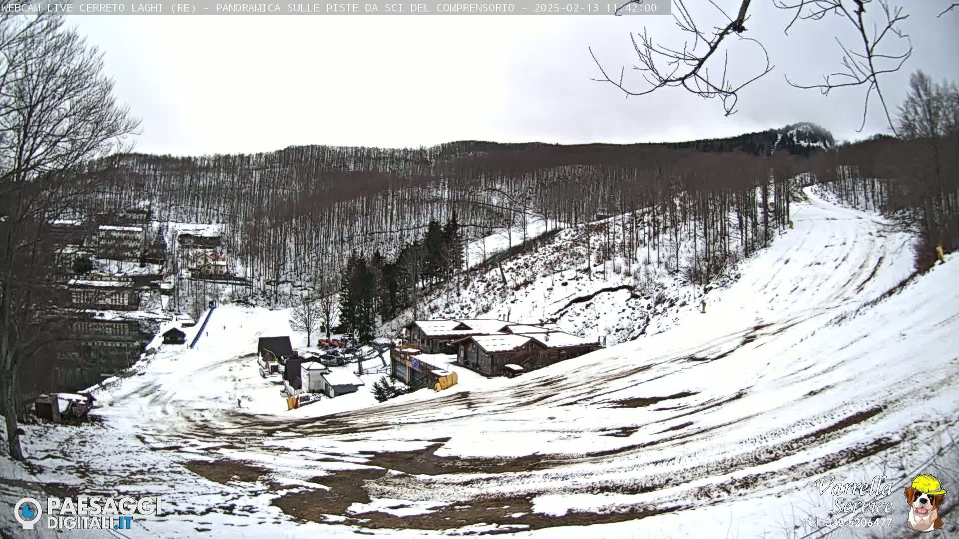 A snow-covered ski slope with several buildings at the bottom, surrounded by a sparsely snow-covered forest under an overcast sky.