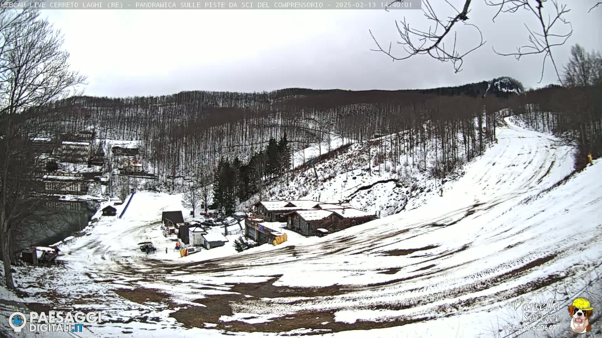 A snow-covered ski slope winds down a hill through a sparsely wooded area, with several buildings at its base under an overcast sky.