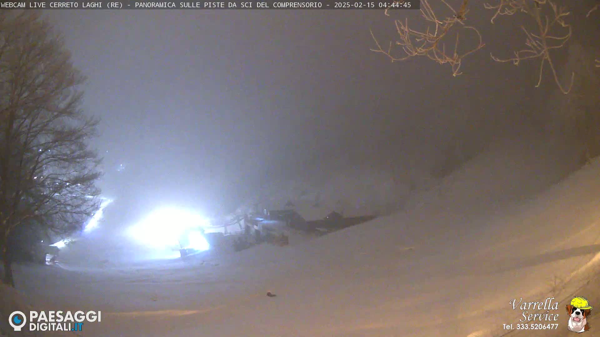 A nighttime snow scene shows a snow-covered landscape illuminated by bright lights, with hazy conditions and bare, snow-dusted trees in the foreground.