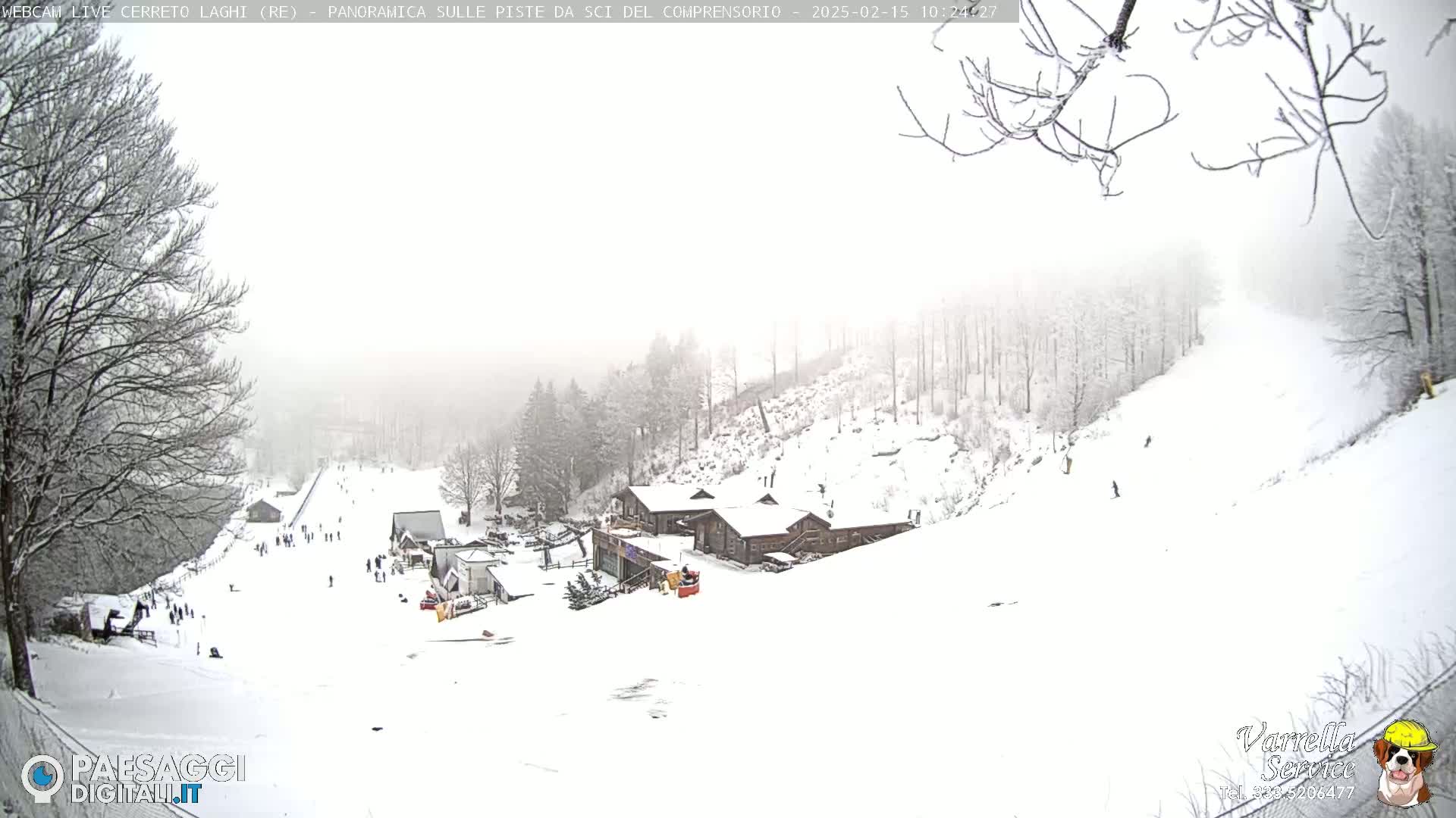 A snow-covered ski slope with several buildings and scattered skiers is visible through a light snowfall.