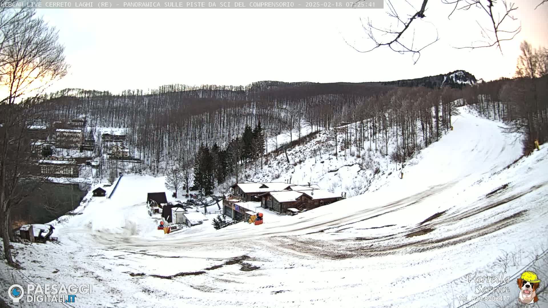 A snow-covered ski slope winds down a hill through a forest of bare, winter trees towards a cluster of buildings under a pale, twilight sky.
