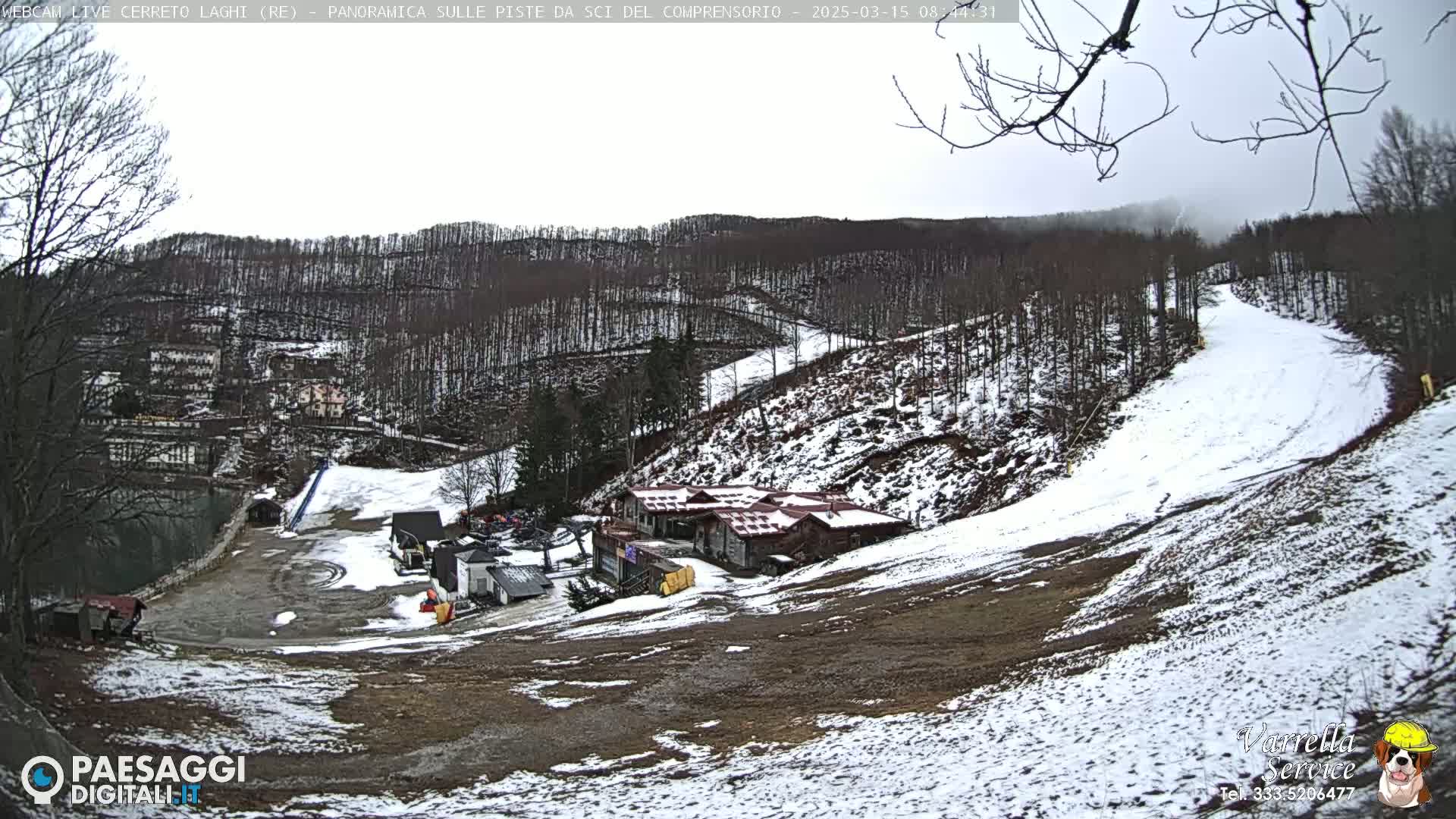 A snow-dusted ski slope and resort nestled in a wooded hillside under an overcast sky.