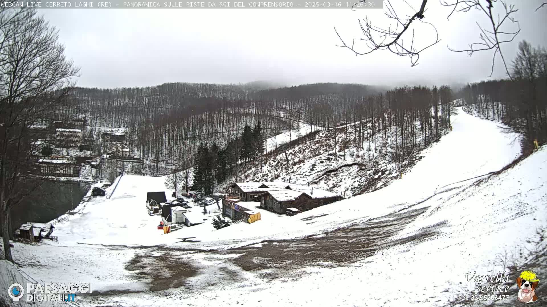 A snow-covered ski slope and surrounding wooded hills are visible under an overcast sky.