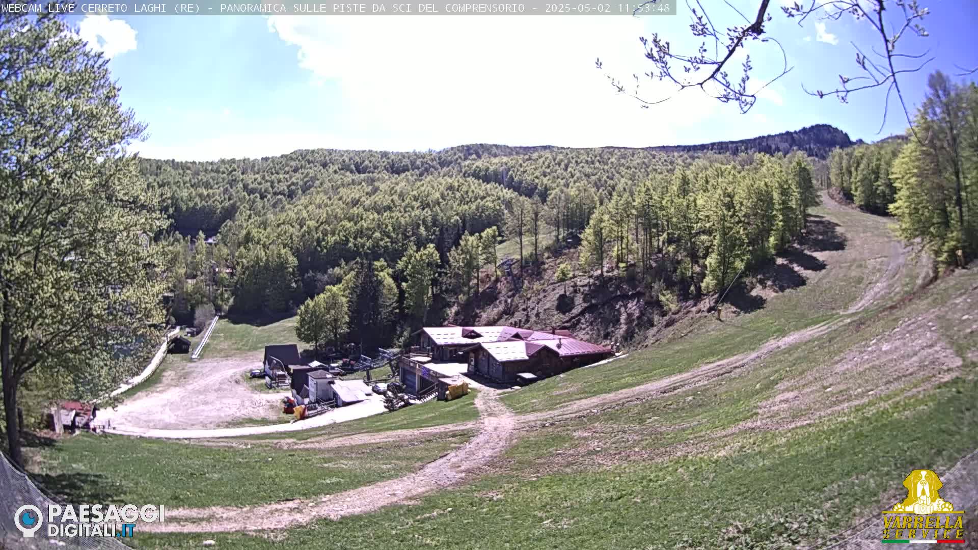 A mostly sunny view of a ski resort in the spring, showing grassy slopes, a cluster of buildings, and a forest-covered mountainside in the background.