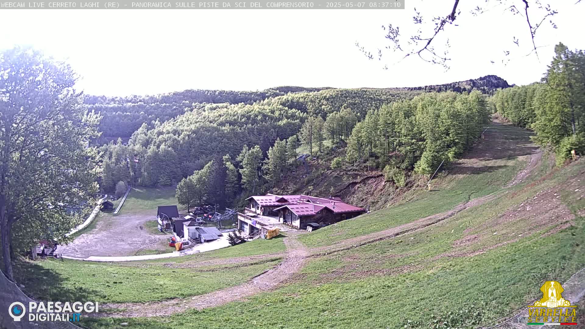 A ski resort in a wooded hillside under a mostly clear sky shows a building near the bottom of a grassy ski slope.
