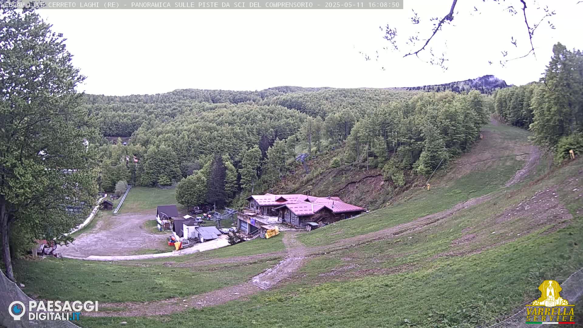 A mountainside ski resort with a building at its base, surrounded by lush green trees under an overcast sky.