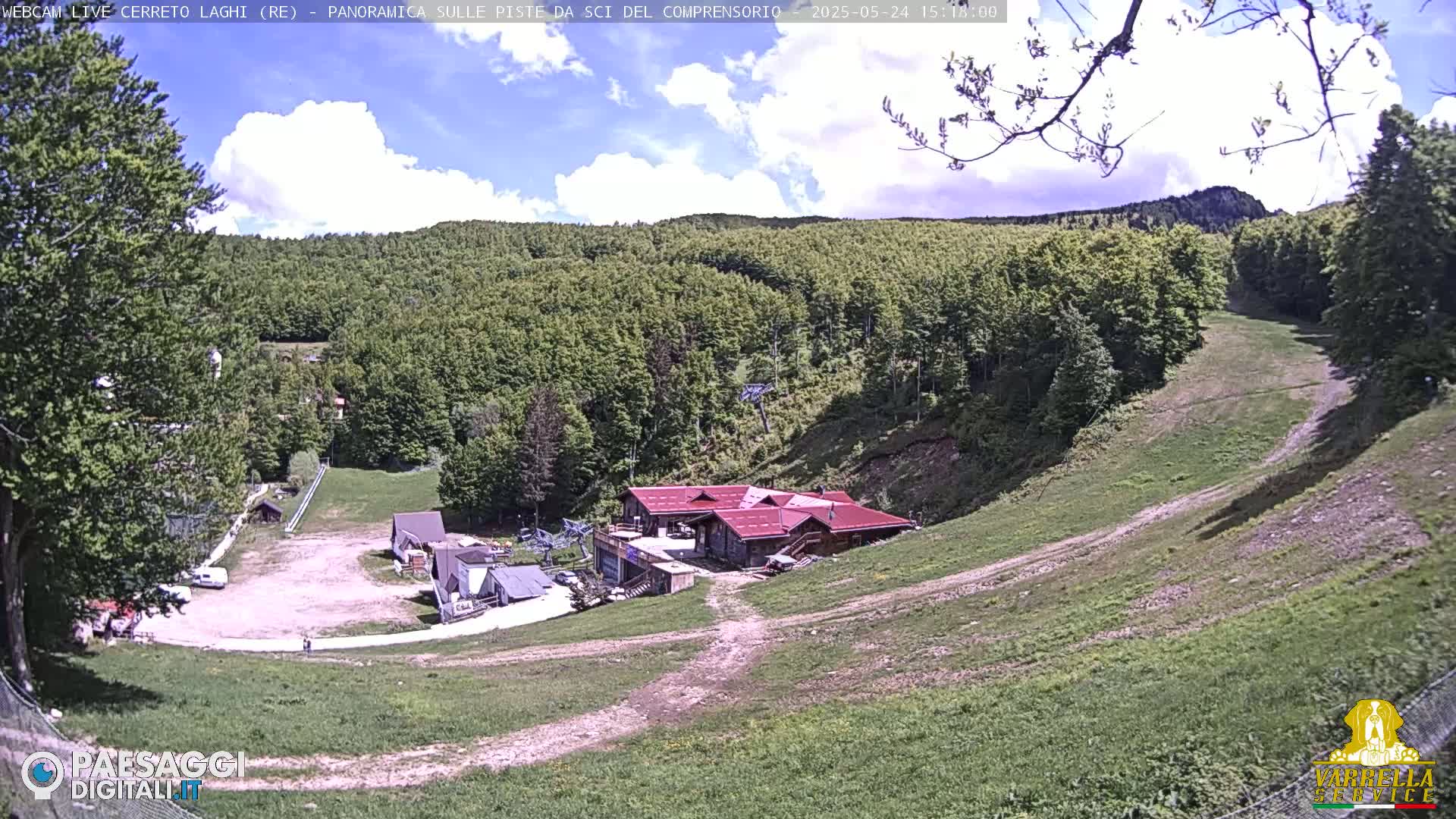 A mostly sunny day reveals a ski resort nestled in a lush green hillside, with a red-roofed building at its center and a mostly barren ski slope.