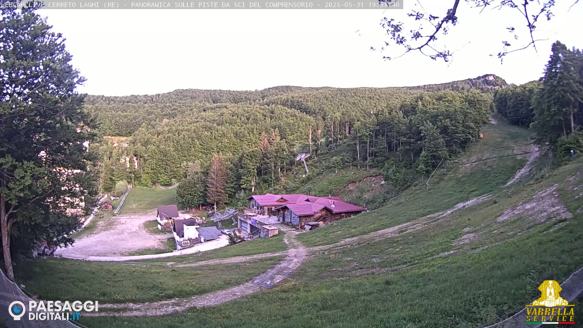 A high-angle, long shot shows a ski resort in the late afternoon or early evening, with a building at the base of a grassy, gently sloping hill surrounded by a lush green forest.