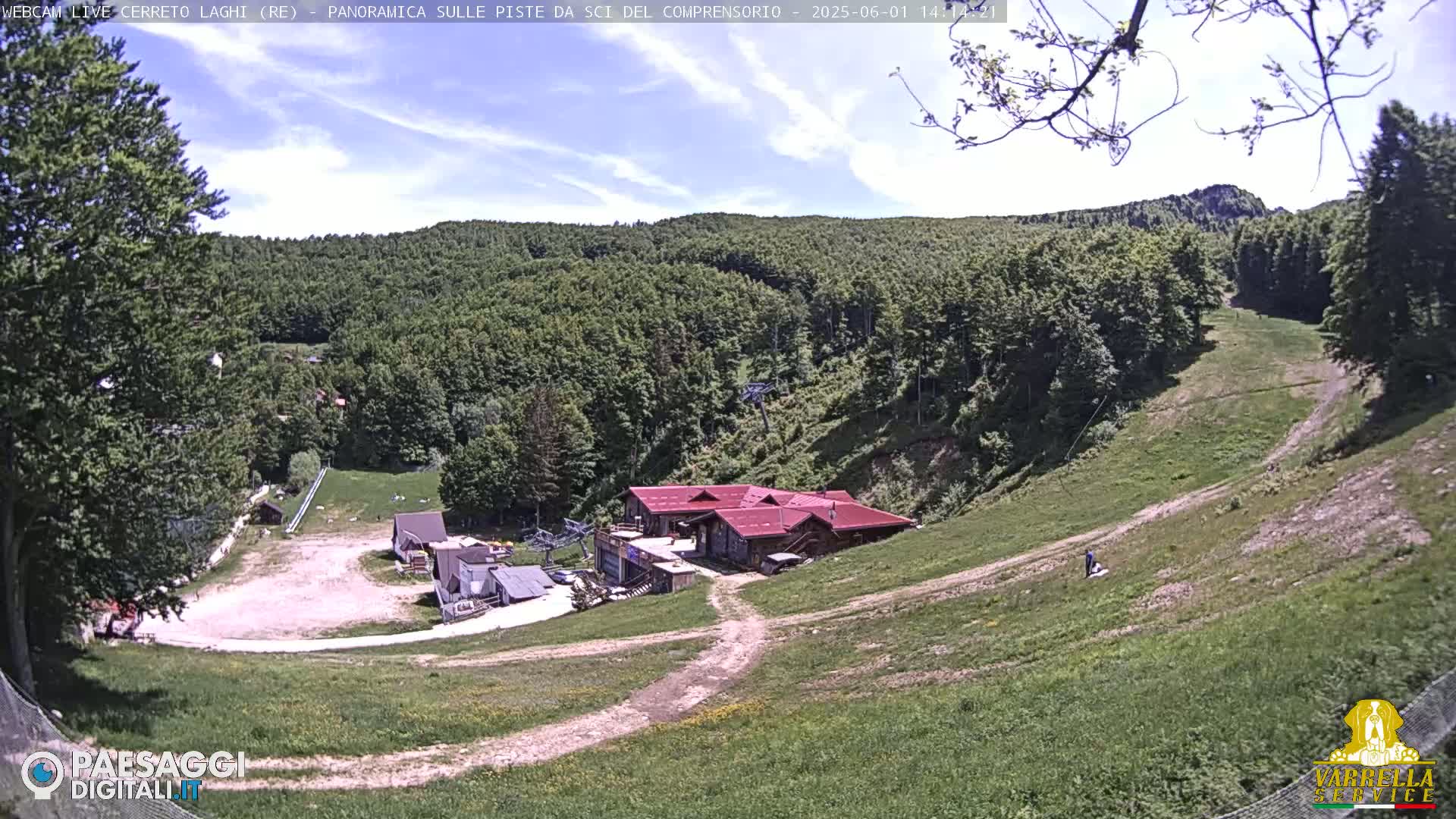 A mostly sunny day shows a ski resort with a red-roofed building in the center and grassy, gently sloping hillsides, some showing dirt paths, surrounded by a dense green forest.