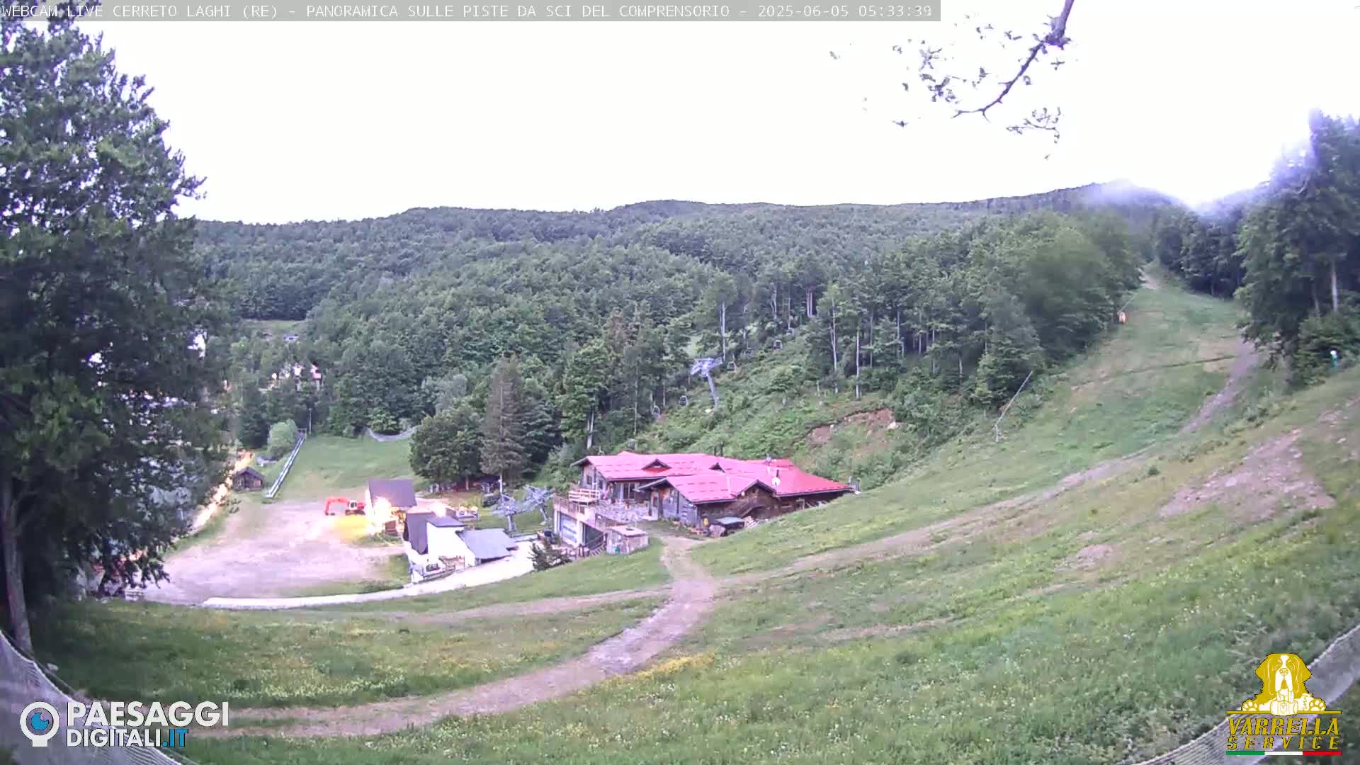A mostly overcast view of a grassy ski slope with a red-roofed building and surrounding forest.