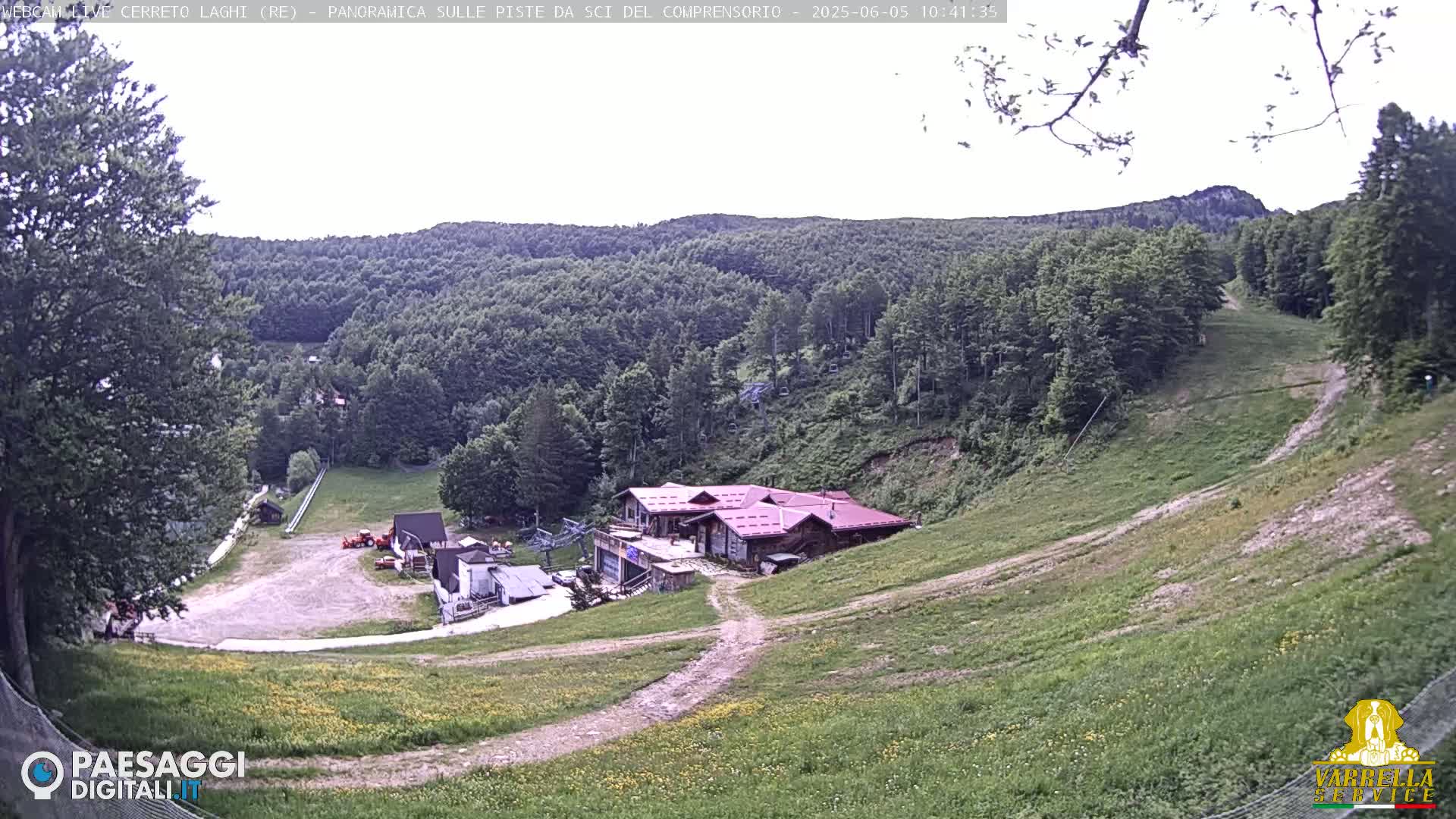 A mostly sunny view of a ski resort in the mountains, showing a grassy ski slope, a red-roofed building, and surrounding green trees.