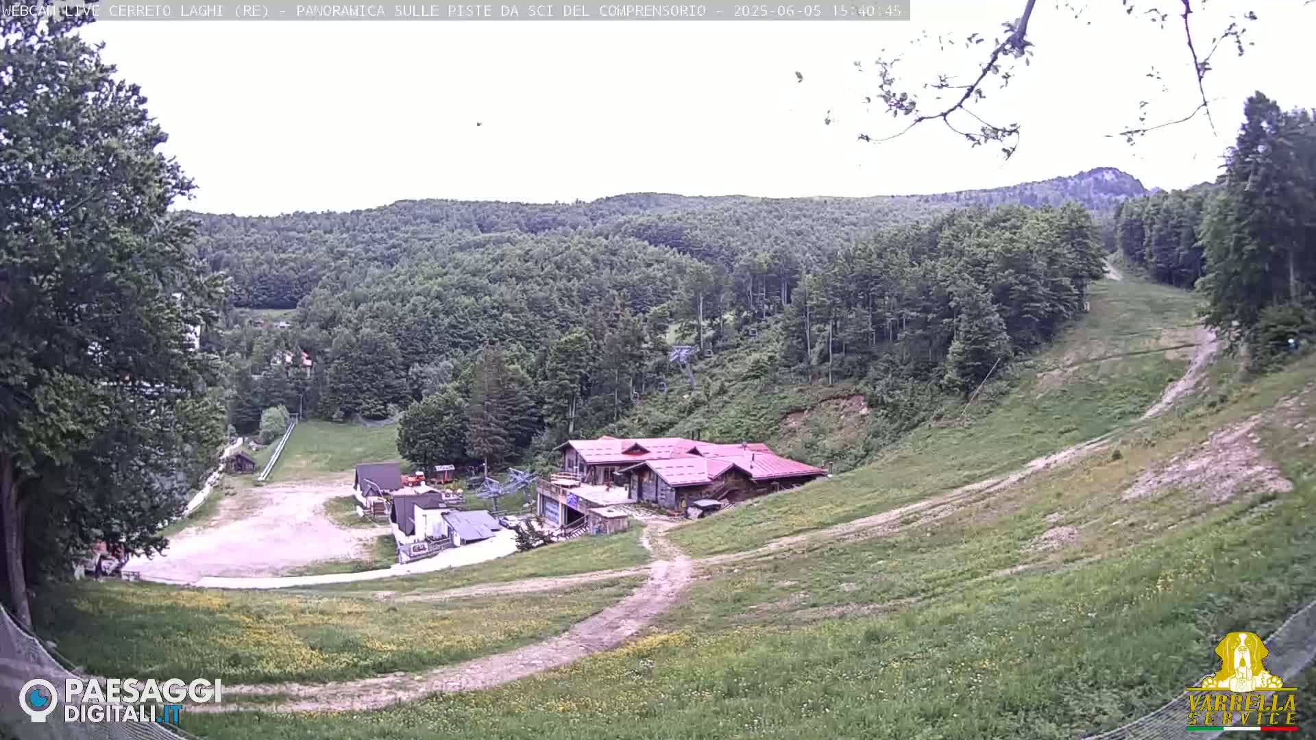 A mostly clear view of a ski resort in the summer, showing grassy slopes, a building, and forested hills in the background.