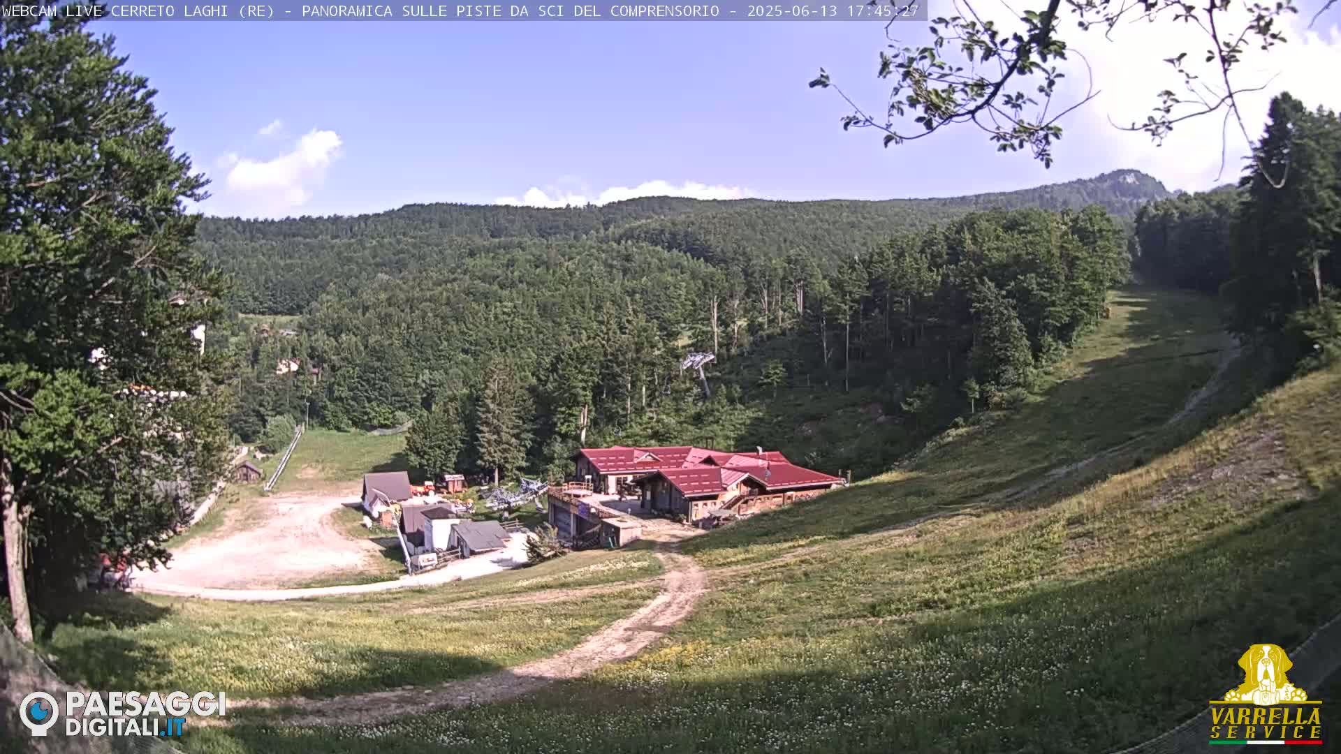 A mostly sunny, high-angle view shows a grassy ski slope leading down to a cluster of buildings, surrounded by a lush green forest under a partly cloudy sky.