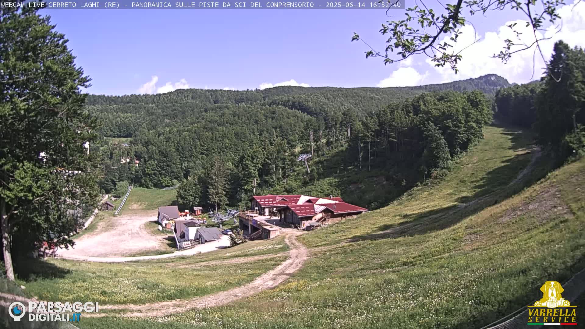 A partly sunny day overlooks a grassy ski slope with a red-roofed building and surrounding forested hills.