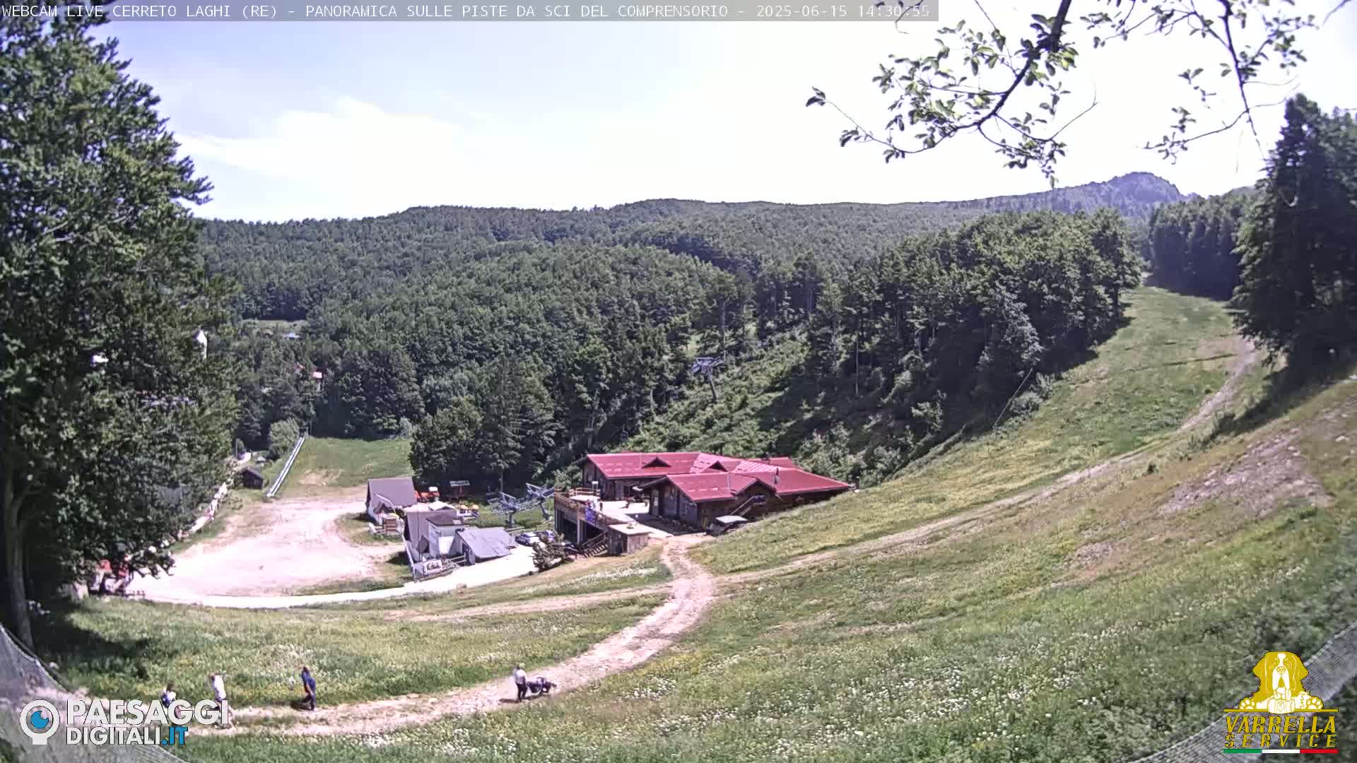 A grassy hillside with a ski lodge and a few people walking, under a mostly sunny sky.