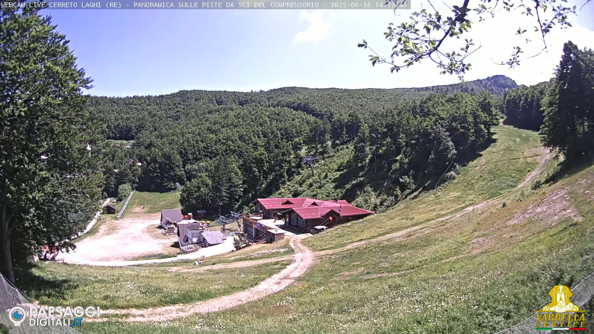 A downhill ski slope, mostly covered in grass, leads to a cluster of buildings at the base of a hill covered with lush green trees under a mostly clear sky.