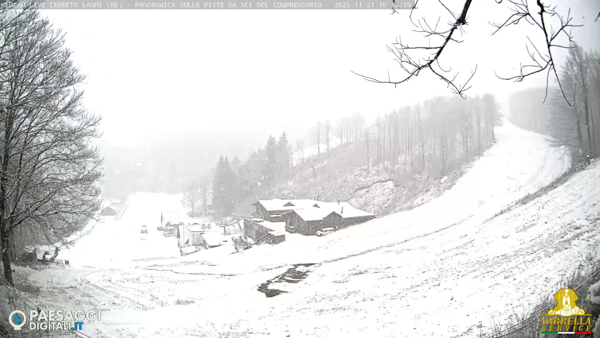 A snow-covered mountain ski resort, with lodges and bare trees, is shrouded in heavy fog and falling snow, creating a muted winter scene.