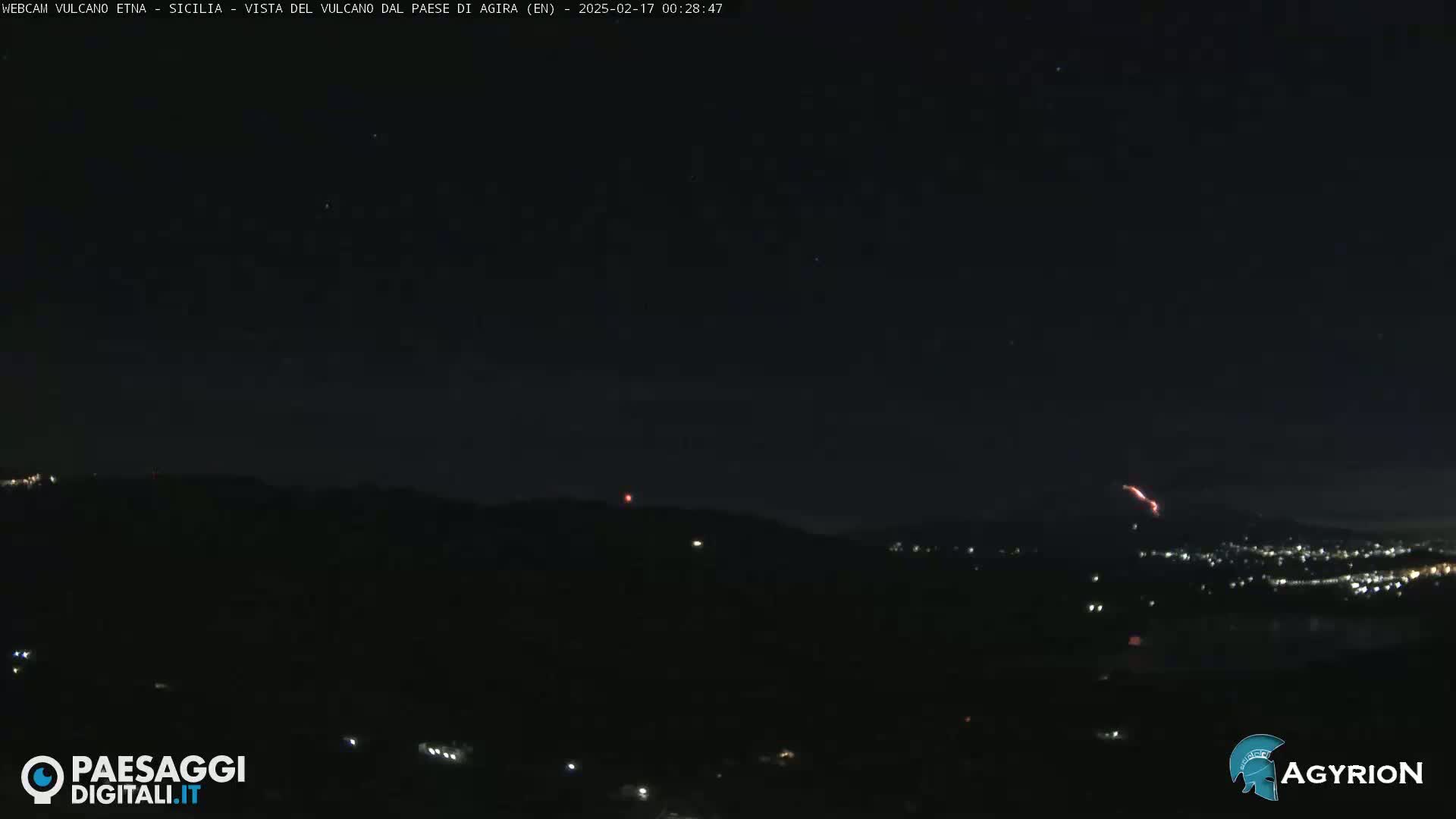A nighttime, long-range view of a volcano erupting with a reddish glow against a dark, clear sky, showing a small town in the distance.