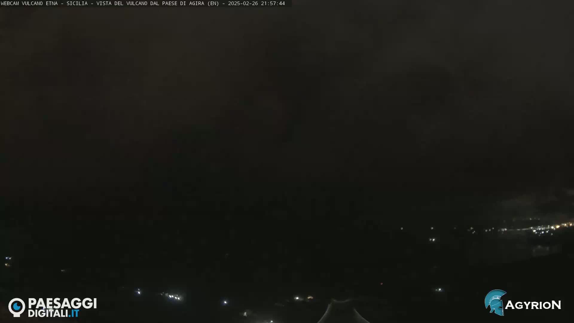 A dark nighttime view of a distant, dimly lit town under a mostly cloudy sky.