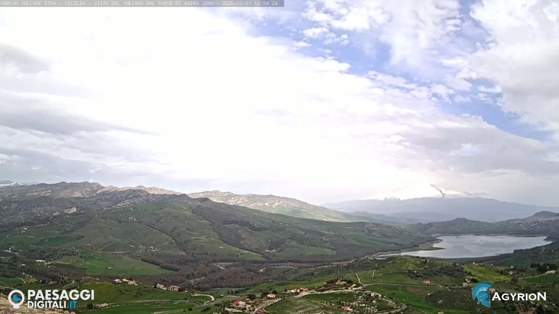 A partly cloudy sky overlooks a verdant valley with a lake and distant mountains, one of which is snow-capped.