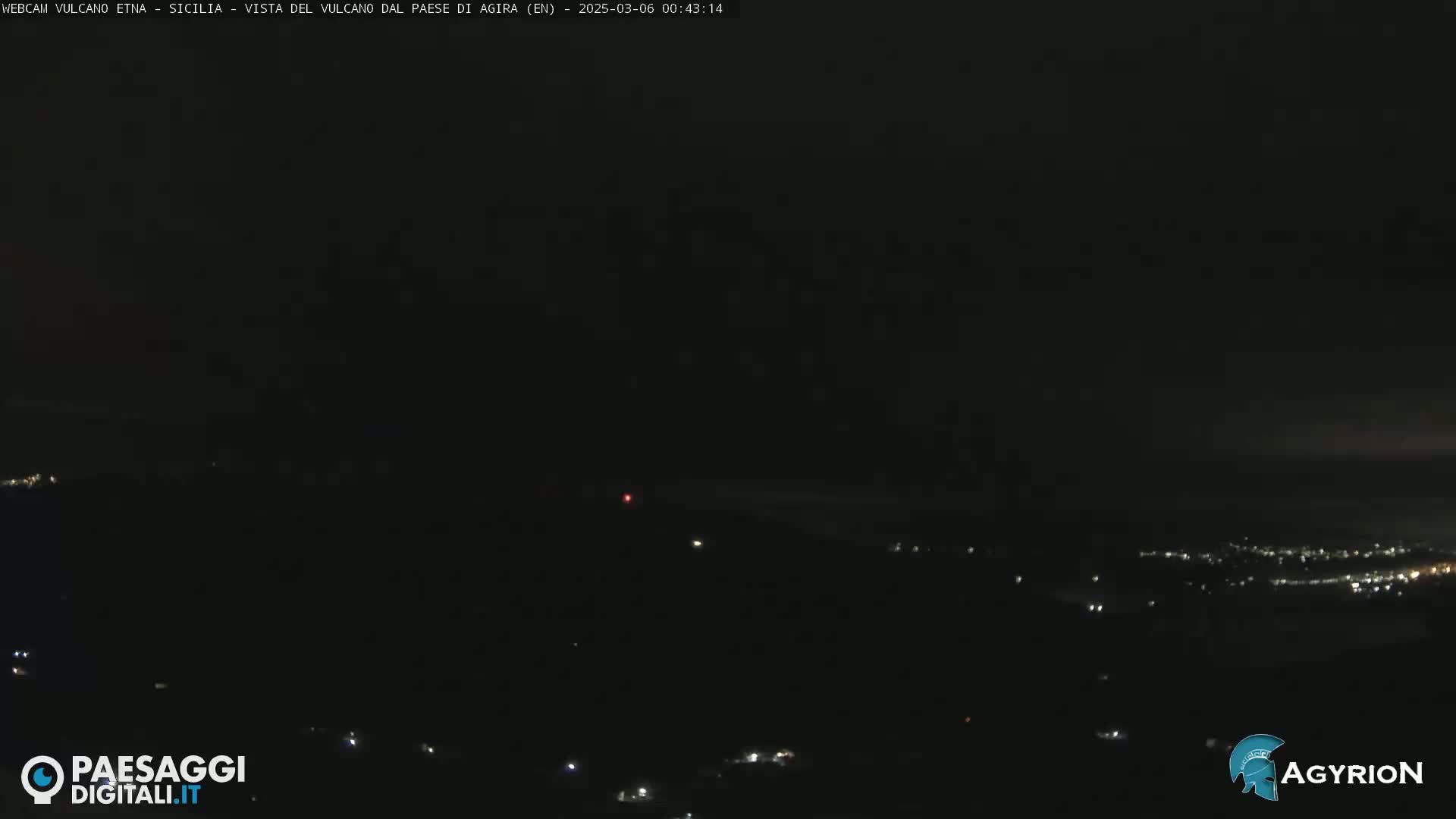 A nighttime, long shot of a dimly lit landscape with a few scattered lights, possibly a town or village, under a dark sky.