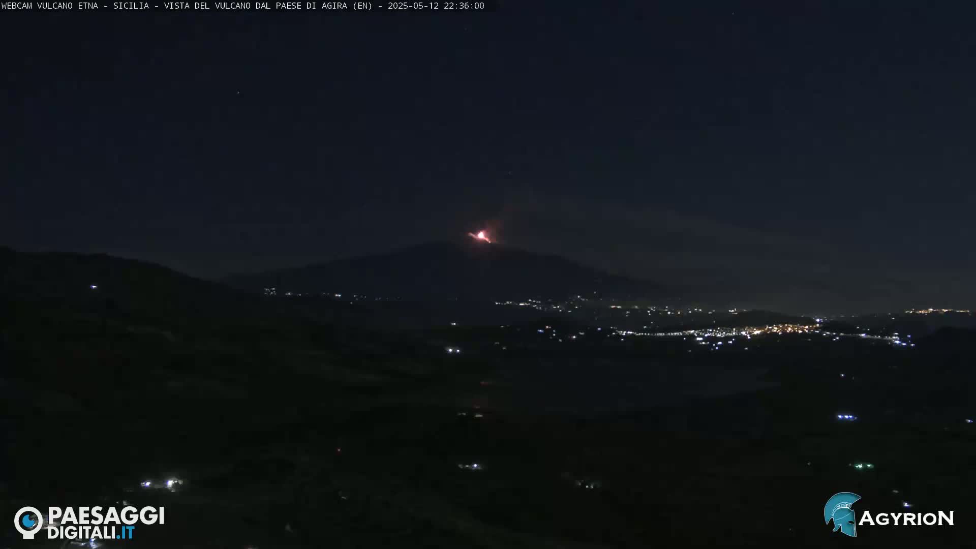 A nighttime long shot shows a volcano erupting with a fiery glow against a dark sky, while city lights twinkle in the valley below.