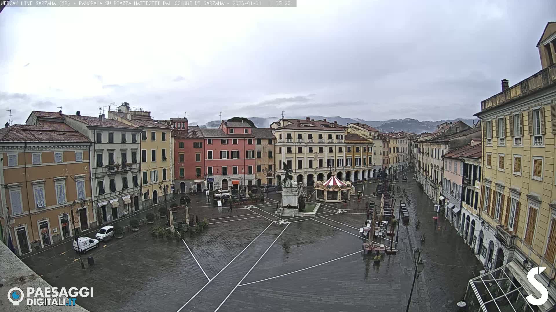 A wet, overcast town square in Italy, surrounded by multi-story buildings, features a monument and a small carousel in the center.