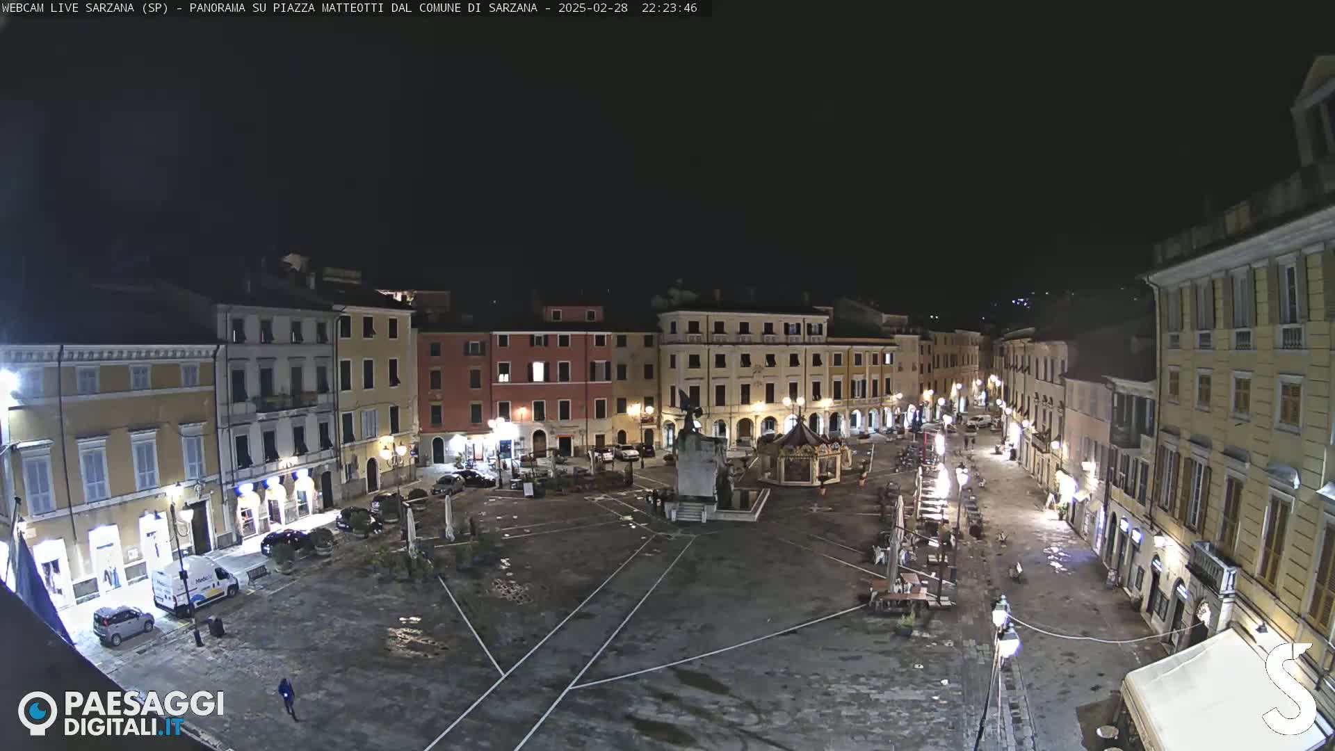 A nighttime, overhead view of a mostly empty town square surrounded by illuminated buildings.