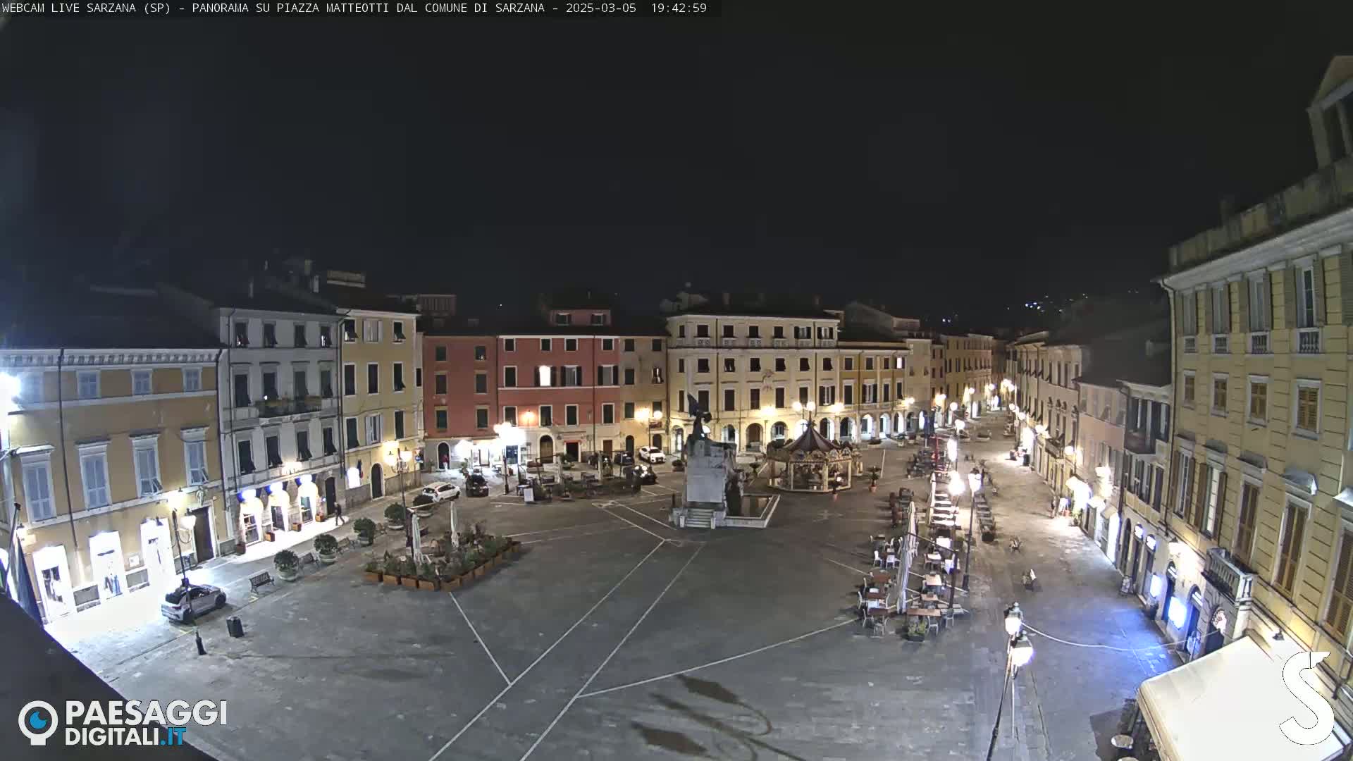 A nighttime, aerial view of a sparsely populated town square with several buildings surrounding it and a few cars parked nearby.