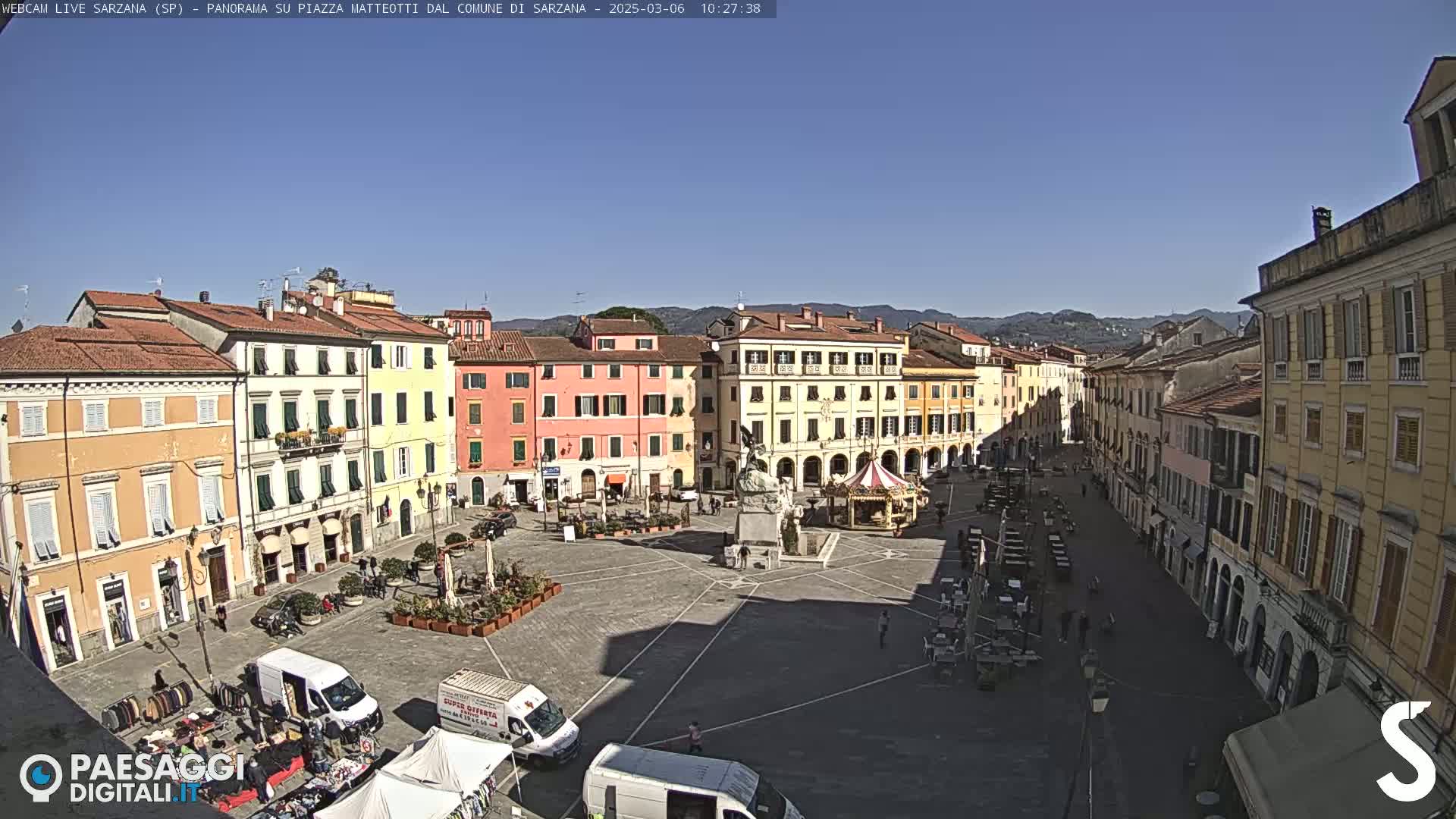 A sunny day reveals a large town square surrounded by multi-story buildings, with a few people and market stalls visible.