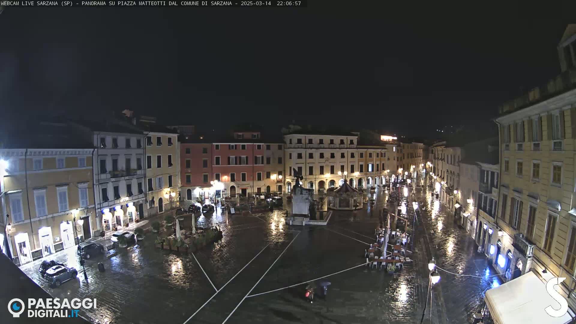 A rain-soaked town square at night, surrounded by illuminated buildings, shows several parked cars and a few people walking under umbrellas.
