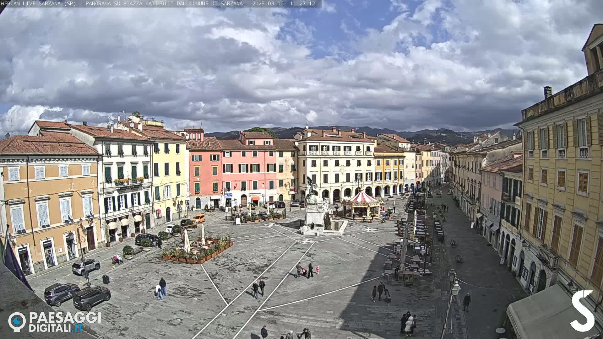 A mostly cloudy day reveals a large town square surrounded by multi-story buildings, a monument, and a few outdoor seating areas with people scattered throughout.