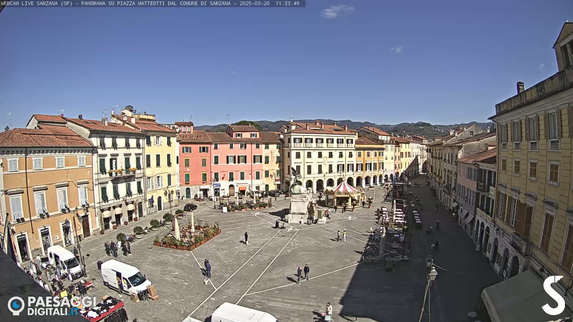 A sunny town square, surrounded by multi-story buildings, contains a few people, some outdoor seating, and a small carousel.