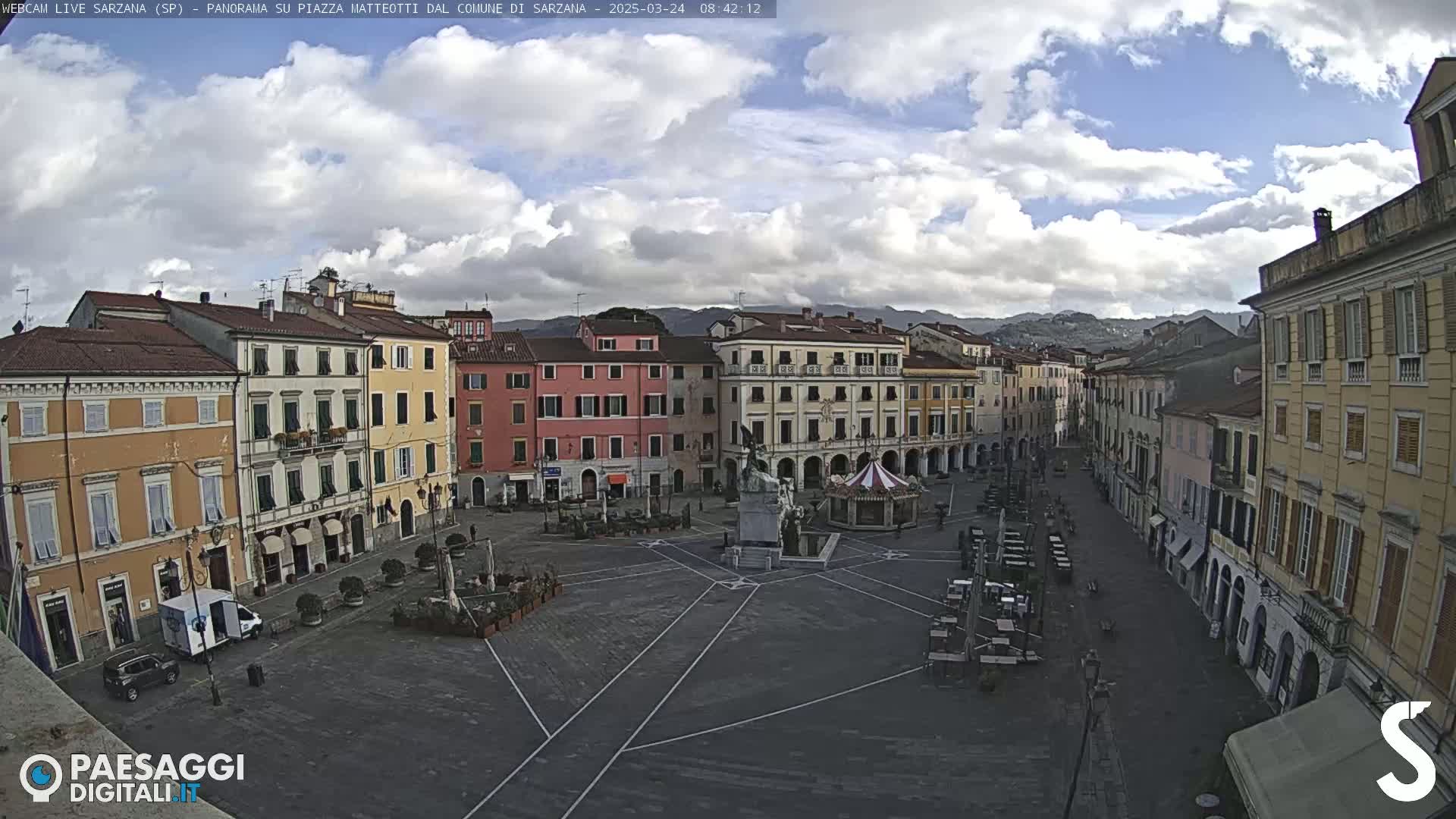 A mostly empty town square, surrounded by multi-story buildings under a partly cloudy sky.