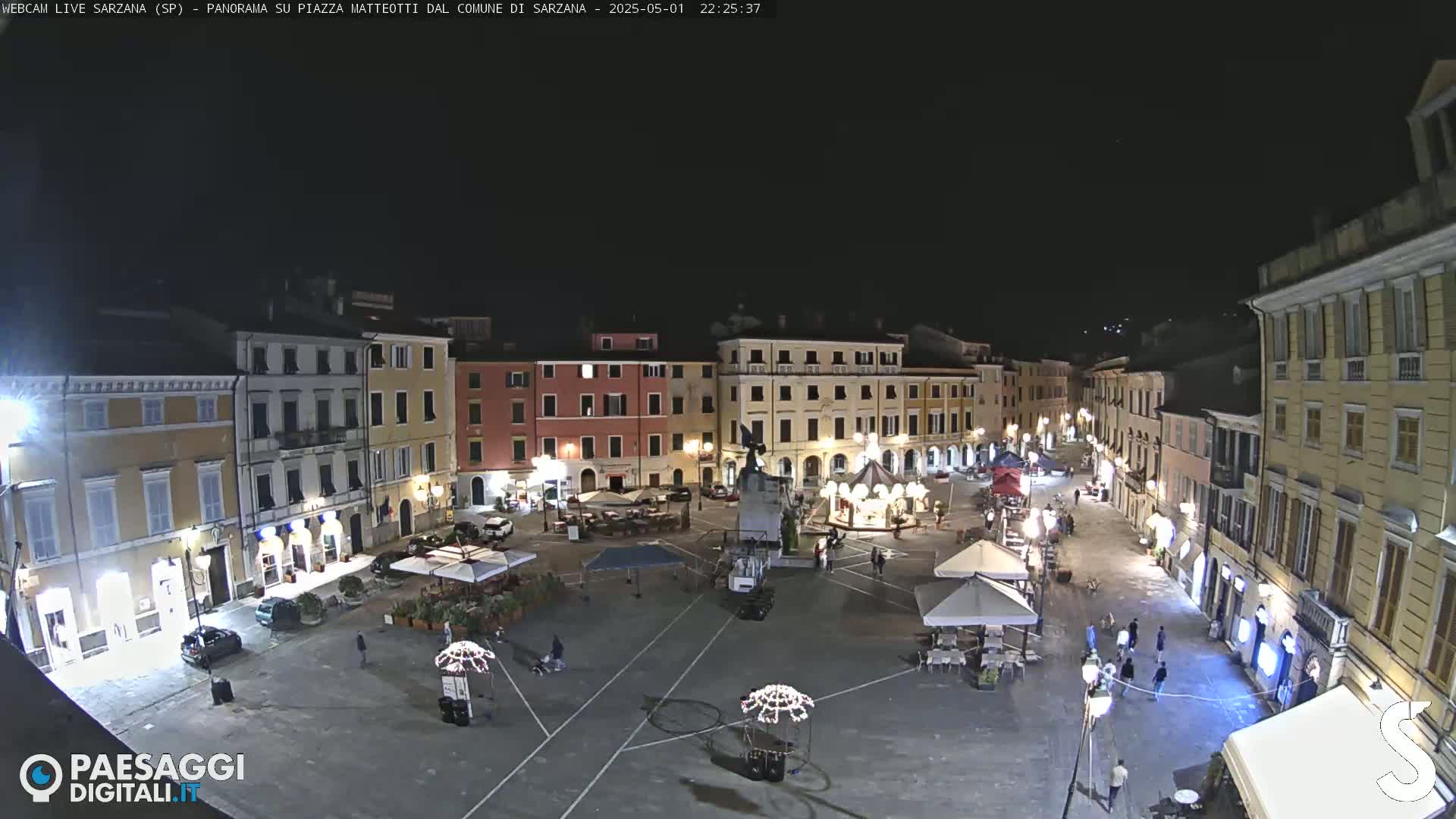 A nighttime, aerial view of a town square surrounded by illuminated buildings, featuring several outdoor café umbrellas and a few pedestrians.