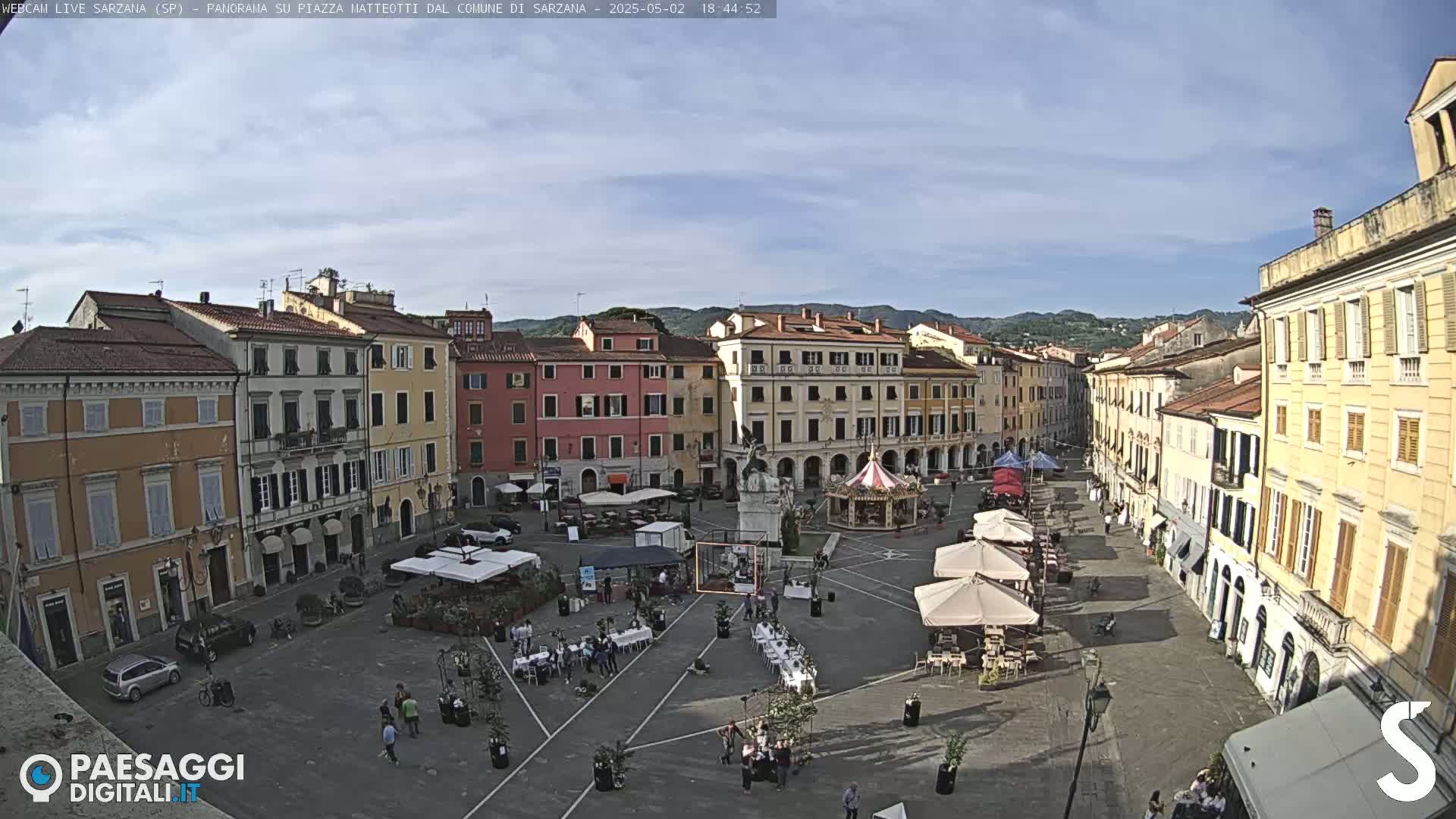 A mostly sunny town square with several multi-story buildings surrounding it, outdoor seating areas with umbrellas, and a carousel in the center.