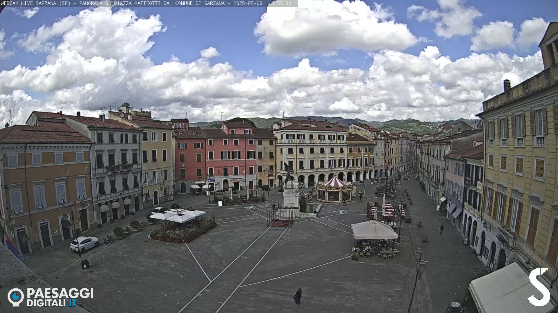 A mostly sunny town square with a few people and several outdoor cafes under partly cloudy skies.