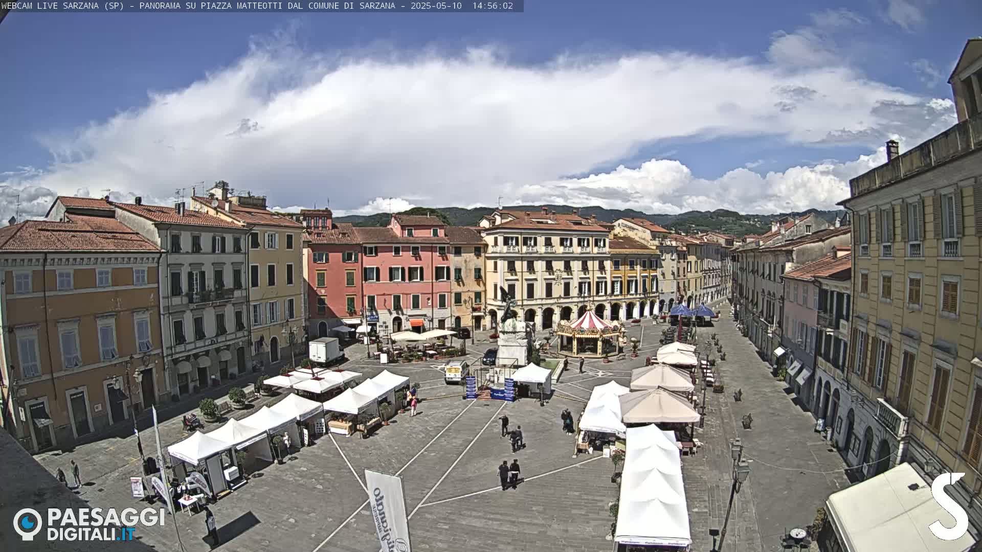 A partly cloudy day in a large town square with multiple market stalls and a carousel, surrounded by several multi-story buildings.