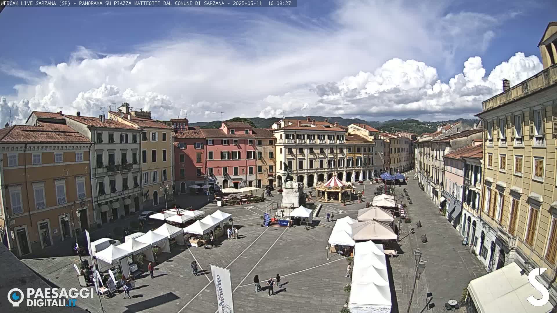 A sunny town square with numerous market stalls, a carousel, and several people walking around under partly cloudy skies.